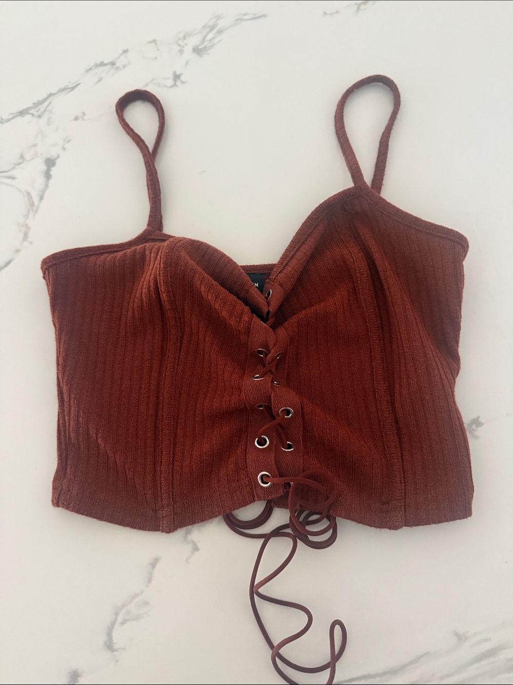SHEIN Rust Lace-Up Ribbed Crop Top